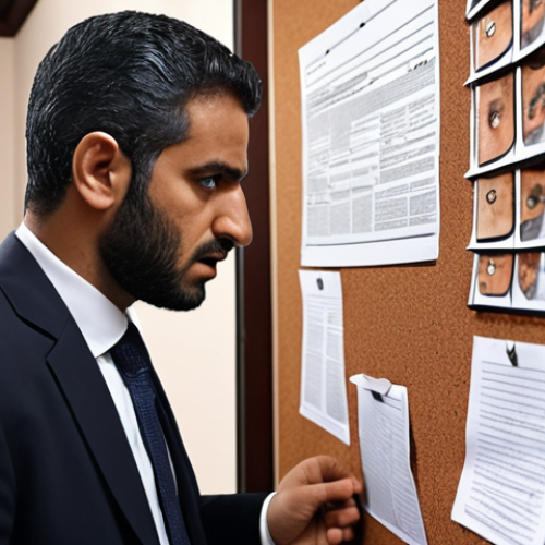 Home 4 **Prompt:** Investigative journalist analyzing documents and connecting clues on a corkboard, revealing a corruption scandal, serious and determined expression, Arabic newsroom setting.