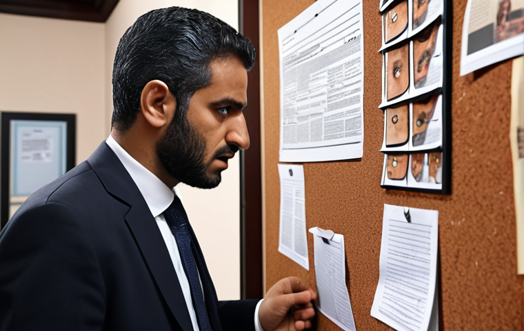 **Prompt:** Investigative journalist analyzing documents and connecting clues on a corkboard, revealing a corruption scandal, serious and determined expression, Arabic newsroom setting.