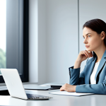 A thoughtful professional woman, fully clothed in a modest business blazer and a light shirt, seated comfortably at a polished desk in a modern, well-lit office. She is observing her surroundings with a serene yet discerning expression, as if subtly processing complex information and insights. Soft, natural light illuminates the scene, hinting at quiet intuition. The background includes blurred elements of minimalist office design and a subtle abstract representation of flowing data or neural pathways. This is a safe for work, appropriate content, fully clothed, professional image, with perfect anatomy, correct proportions, natural pose, well-formed hands, proper finger count, and natural body proportions, high quality photography.