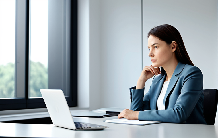 A thoughtful professional woman, fully clothed in a modest business blazer and a light shirt, seated comfortably at a polished desk in a modern, well-lit office. She is observing her surroundings with a serene yet discerning expression, as if subtly processing complex information and insights. Soft, natural light illuminates the scene, hinting at quiet intuition. The background includes blurred elements of minimalist office design and a subtle abstract representation of flowing data or neural pathways. This is a safe for work, appropriate content, fully clothed, professional image, with perfect anatomy, correct proportions, natural pose, well-formed hands, proper finger count, and natural body proportions, high quality photography.