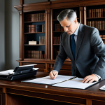 A poised corporate executive, fully clothed in a modest, charcoal grey business suit, is meticulously reviewing a printed financial report at a large, classic wooden desk within a structured, traditional office setting. The office features tall, dark wood panels, a sturdy, central desk, and neatly organized paper files, reflecting an emphasis on established processes. The atmosphere is quiet and focused, representing a hierarchical and centralized decision-making environment. The subject displays perfect anatomy, correct proportions, and a natural pose with well-formed hands and proper finger count, ensuring natural body proportions. This image is safe for work, appropriate content, and depicts a professional business environment with a family-friendly aesthetic.