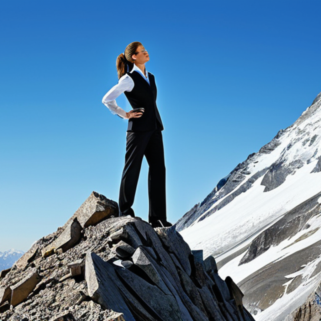 Overcoming Challenges**

"A determined businesswoman in professional attire, scaling a towering mountain peak under a clear blue sky, fully clothed, appropriate attire, safe for work, perfect anatomy, natural proportions, motivational, family-friendly, digital illustration, high quality."

**