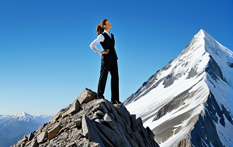 Overcoming Challenges**
"A determined businesswoman in professional attire, scaling a towering mountain peak under a clear blue sky, fully clothed, appropriate attire, safe for work, perfect anatomy, natural proportions, motivational, family-friendly, digital illustration, high quality."
**