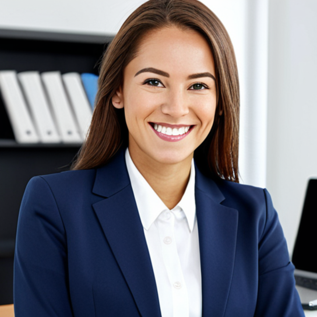 Business Professional**

"A professional businesswoman in a modern, bright office space. She is wearing a navy blue, modest business suit with a crisp white blouse. She is smiling confidently while looking directly at the camera.  Background includes a clean desk with a laptop and some paperwork. Natural lighting. Fully clothed, appropriate attire, safe for work, perfect anatomy, natural proportions, professional photography, high quality, family-friendly."

**