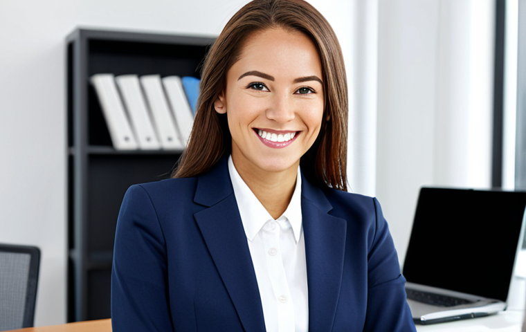 Business Professional**
"A professional businesswoman in a modern, bright office space. She is wearing a navy blue, modest business suit with a crisp white blouse. She is smiling confidently while looking directly at the camera. Background includes a clean desk with a laptop and some paperwork. Natural lighting. Fully clothed, appropriate attire, safe for work, perfect anatomy, natural proportions, professional photography, high quality, family-friendly."
**