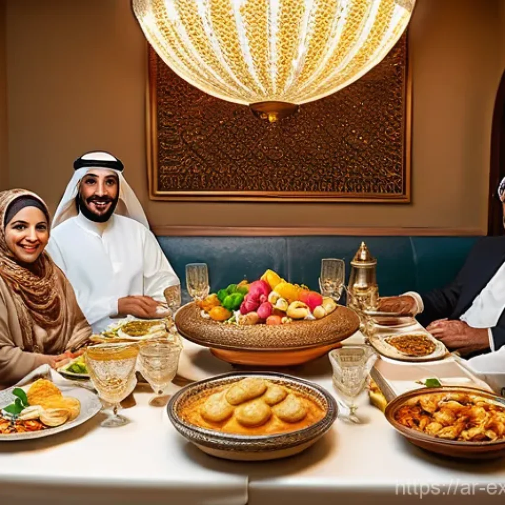 유추를 활용한 마케팅 커뮤니케이션 - **Prompt 1: A Warm Arabian Family Feast**
A vibrant, realistic image of a multi-generational Ara...
