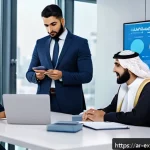 Home 19 유추의 중요성 신제품 개발 과정 - A modern Middle Eastern business meeting scene in a sleek office, featuring a diverse group of Arabi...