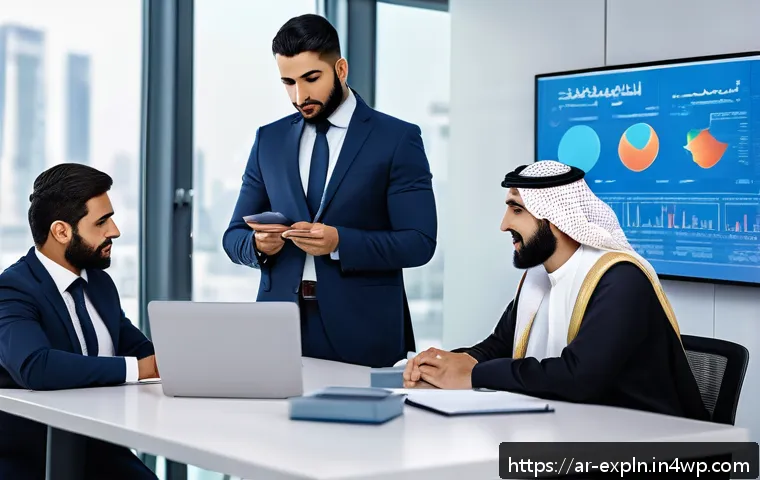 유추의 중요성 신제품 개발 과정 - A modern Middle Eastern business meeting scene in a sleek office, featuring a diverse group of Arabi...
