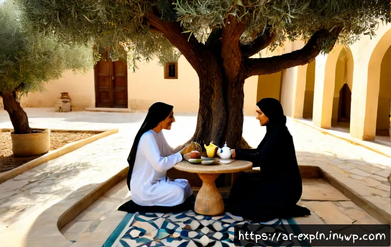 메타포를 통한 문화적 표현 - Photorealistic Arab family in a sunlit courtyard, three generations sharing tea around a low table, ...